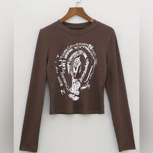 Y2K letter Print Ribbed T-shirt, long sleeve casual T-shirt